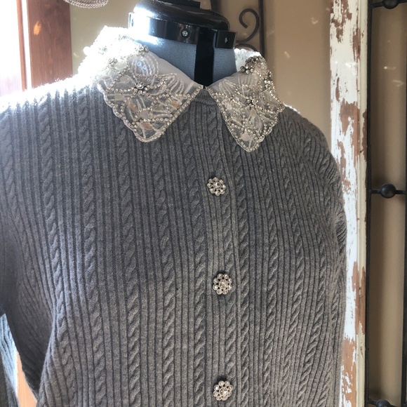 Adrianna Papell NWT Size L Heather Grey Long Sleeve Cardigan with Beaded Collar - Picture 8 of 11